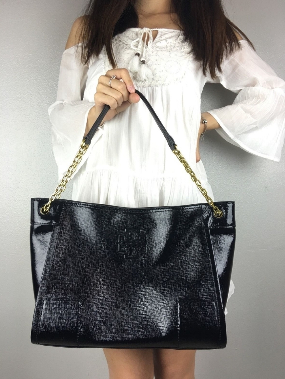Tory Burch Black Britten Patent Leather Chain-Handle Shoulder Bag